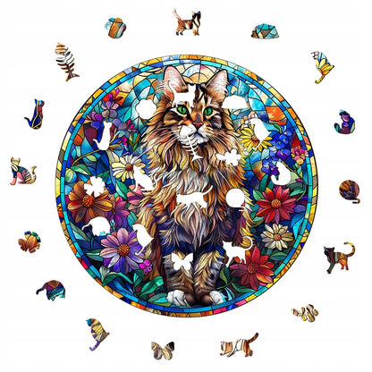 DIDELĖS MEDINĖS DĖLIONĖS 300 DETALIŲ MAINE COON VITRAŽAS MEDINĖJE DĖŽUTĖJE
