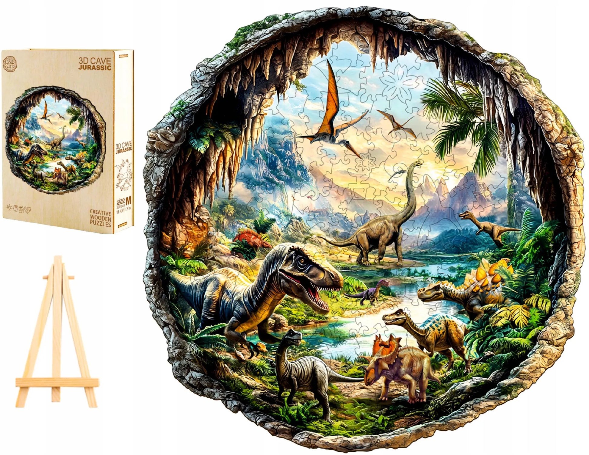 DIDELĖS MEDINĖS DĖLIONĖS 300 DETALIŲ MEDINĖJE DĖŽUTĖJE DINOZAURAI 3D