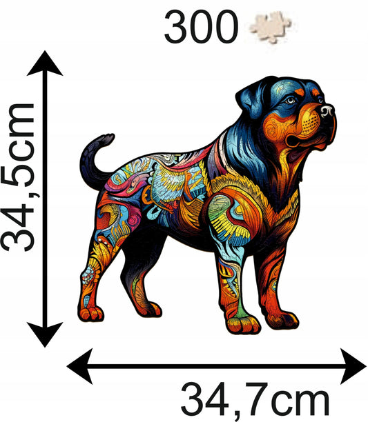 DIDELĖS MEDINĖS DĖLIONĖS, 300 DETALIŲ, ROTTWEILER, MEDINĖJE DĖŽUTĖJE