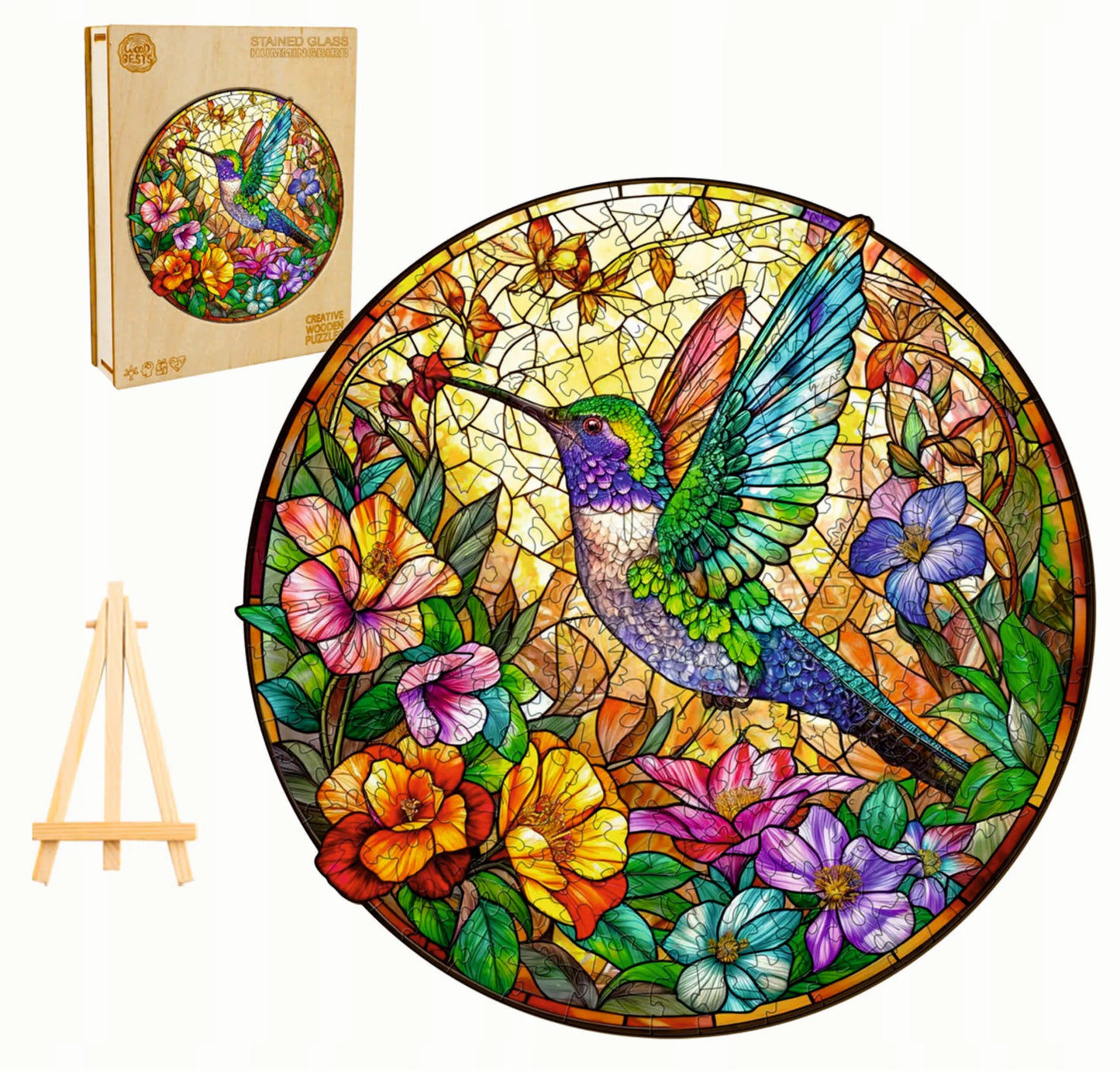 DIDELĖS MEDINĖS DĖLIONĖS 300 DETALIŲ VITRAŽO KOLIBRIS MEDINĖJE DĖŽUTĖJE
