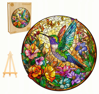 DIDELĖS MEDINĖS DĖLIONĖS 300 DETALIŲ VITRAŽO KOLIBRIS MEDINĖJE DĖŽUTĖJE
