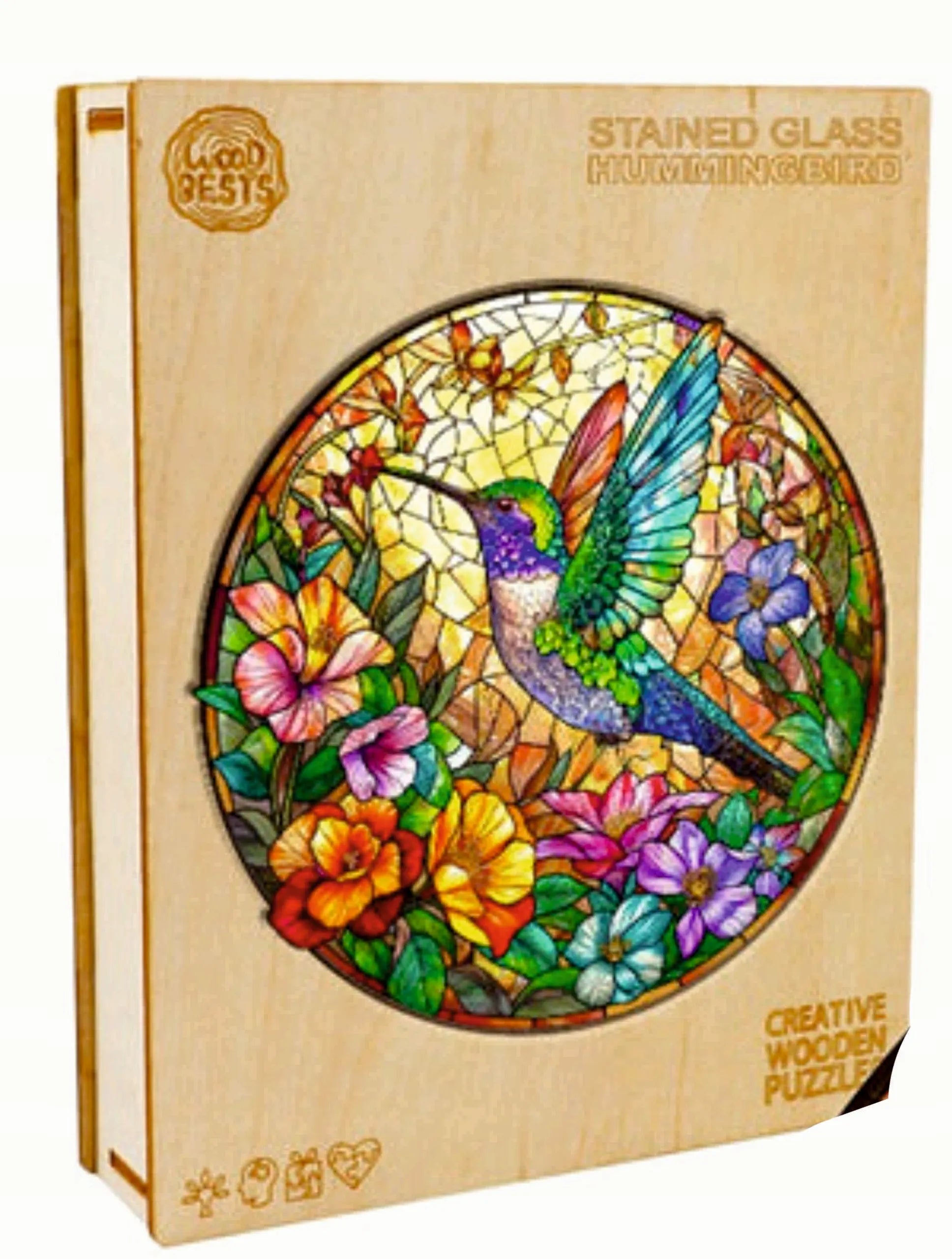 DIDELĖS MEDINĖS DĖLIONĖS 300 DETALIŲ VITRAŽO KOLIBRIS MEDINĖJE DĖŽUTĖJE