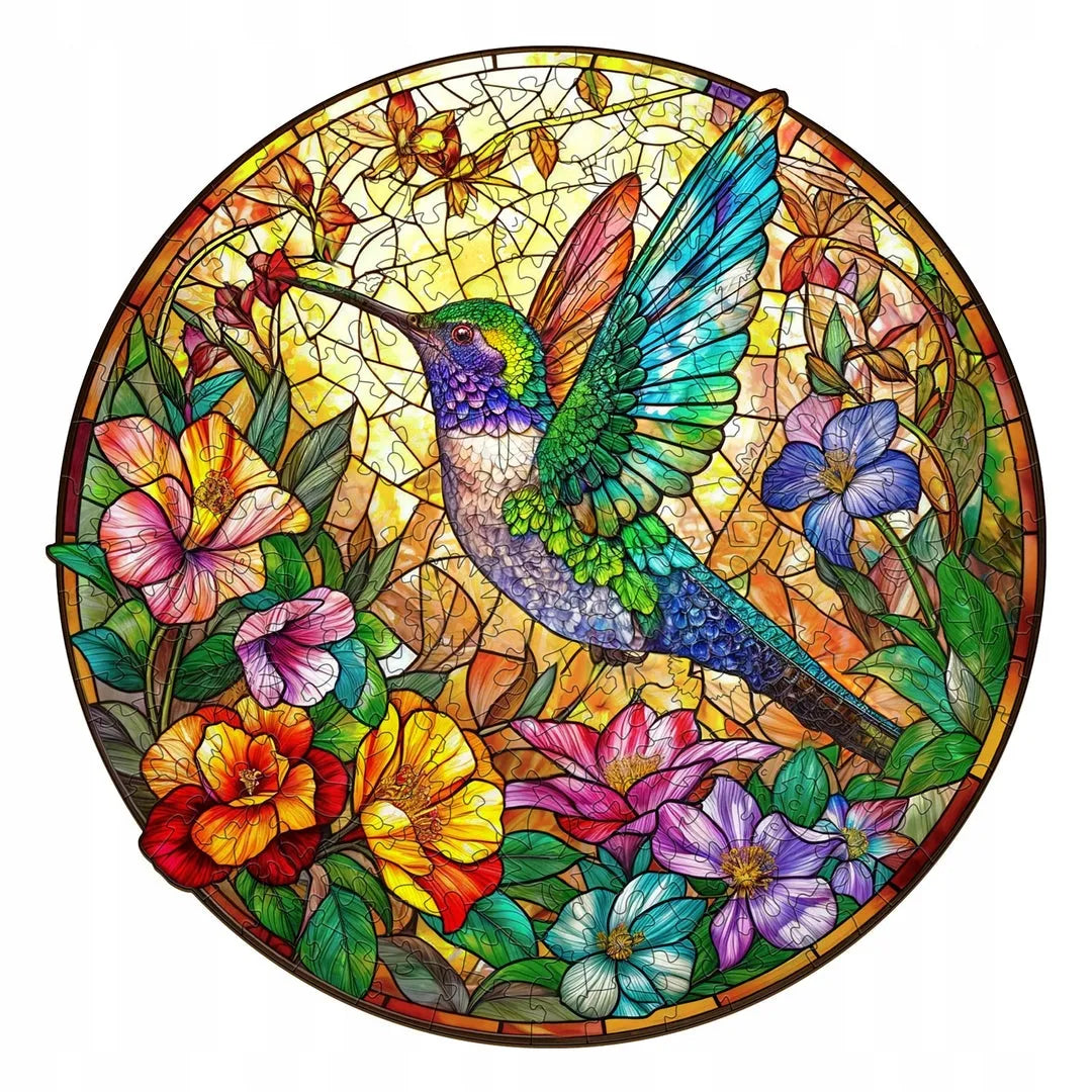 DIDELĖS MEDINĖS DĖLIONĖS 300 DETALIŲ VITRAŽO KOLIBRIS MEDINĖJE DĖŽUTĖJE