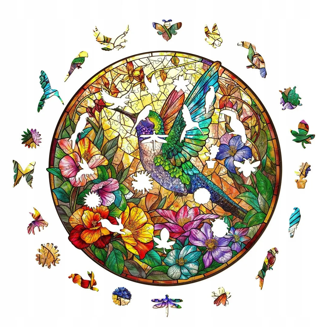 DIDELĖS MEDINĖS DĖLIONĖS 300 DETALIŲ VITRAŽO KOLIBRIS MEDINĖJE DĖŽUTĖJE
