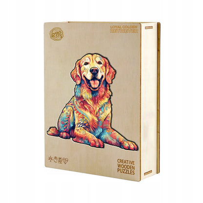 DIDELĖS MEDINĖS DĖLIONĖS 300 ELEMENTŲ GOLDEN RETRIEVER MEDINĖJE DĖŽUTĖJE