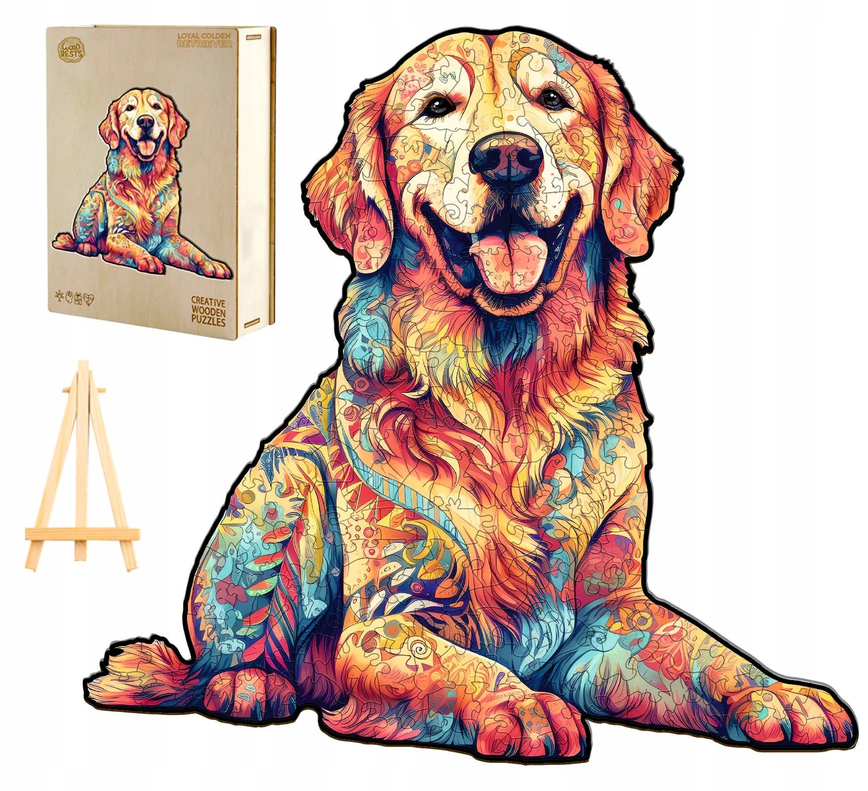 DIDELĖS MEDINĖS DĖLIONĖS 300 ELEMENTŲ GOLDEN RETRIEVER MEDINĖJE DĖŽUTĖJE