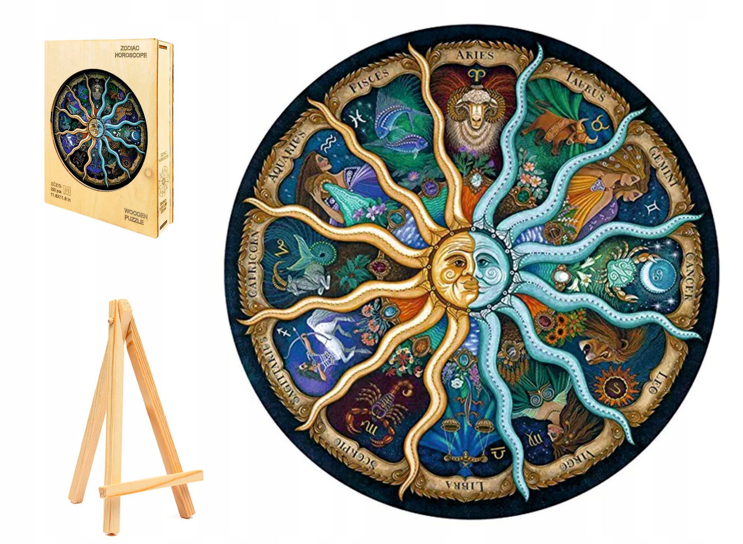 DIDELĖS MEDINĖS DĖLIONĖS 343 ELEMENTAI ZODIAKO ŽENKLAI MEDINĖJE DĖŽUTĖJE