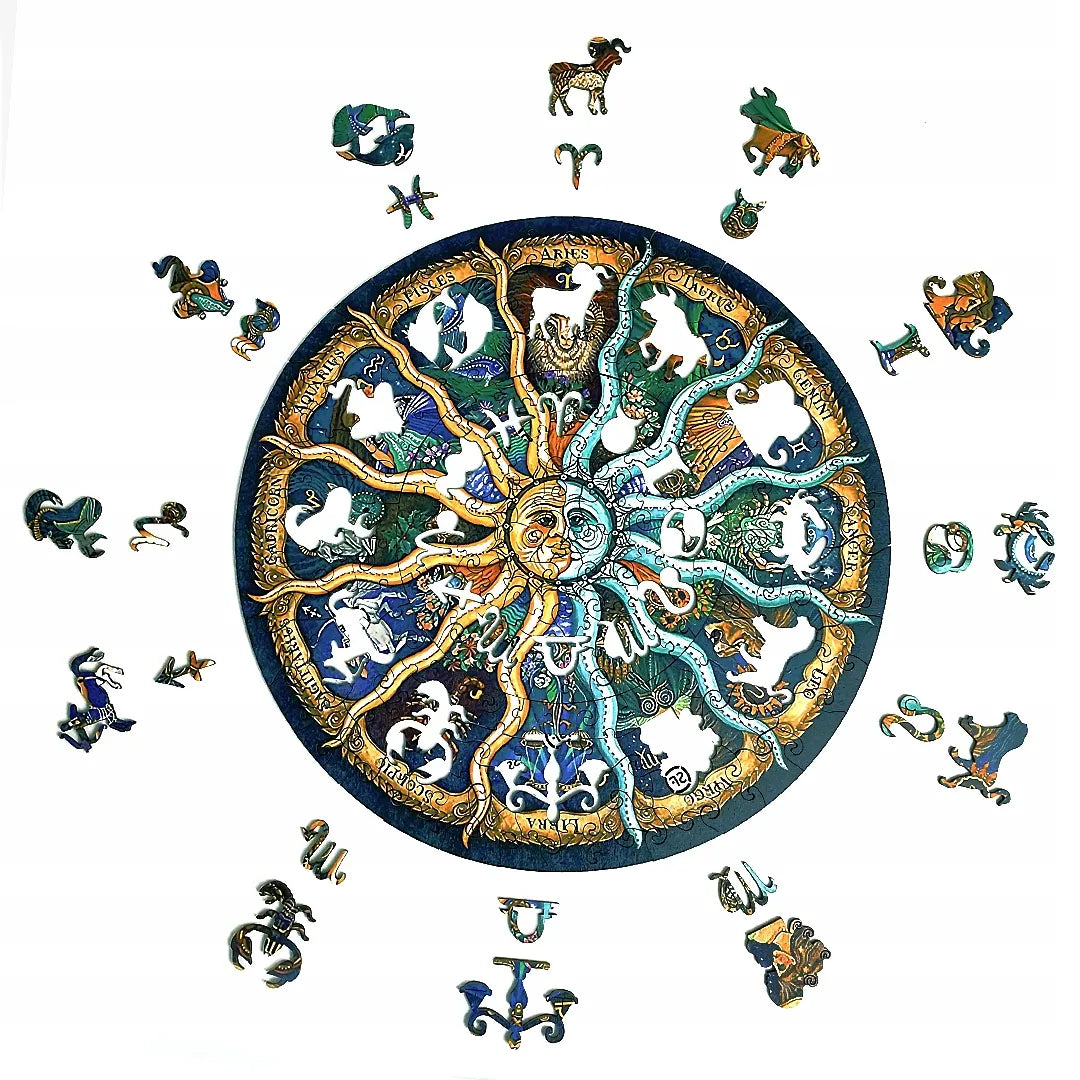 DIDELĖS MEDINĖS DĖLIONĖS 343 ELEMENTAI ZODIAKO ŽENKLAI MEDINĖJE DĖŽUTĖJE