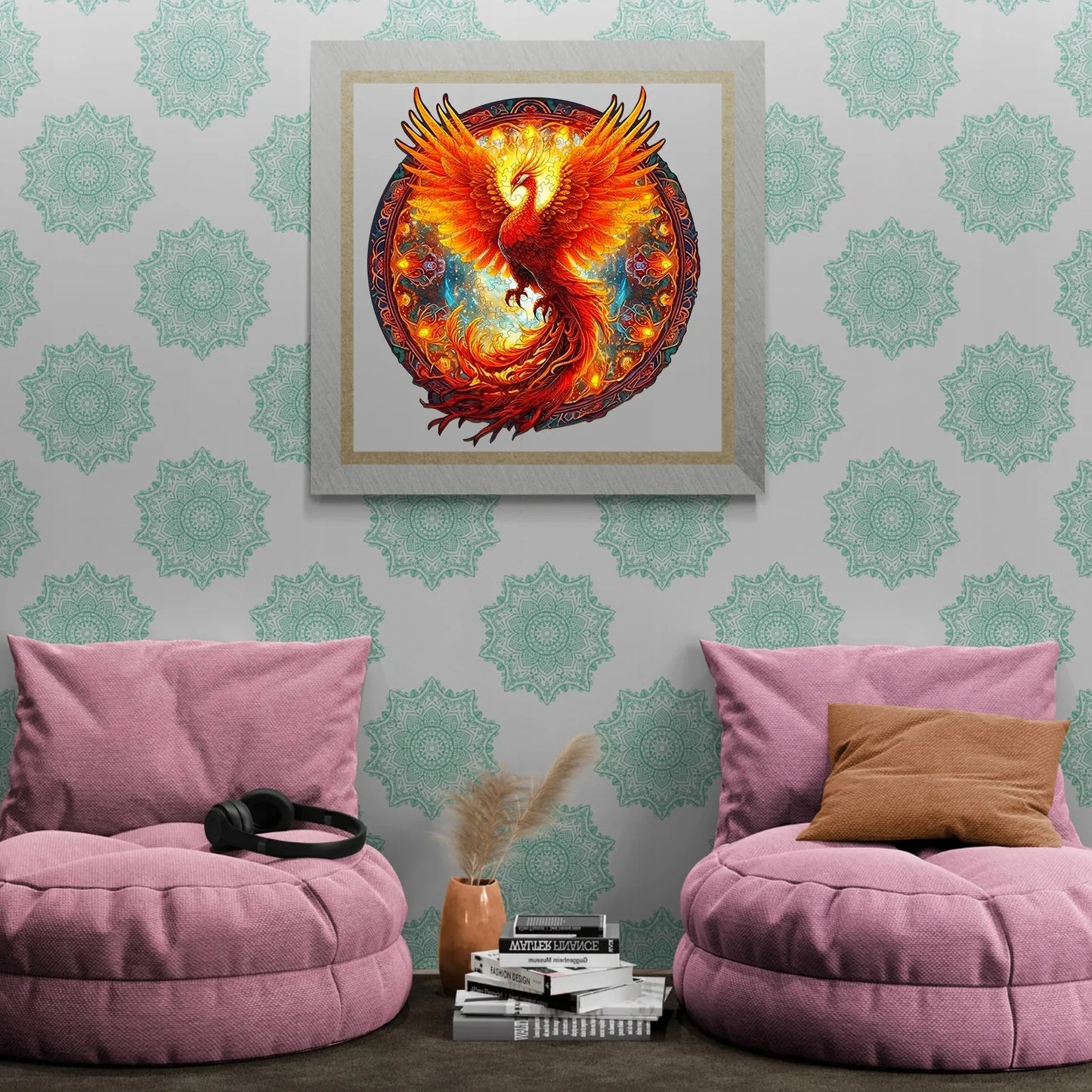 DIDELĖS MEDINĖS DĖLIONĖS FENIX MANDALA, 300 DETALIŲ, MEDINĖJE DĖŽUTĖJE