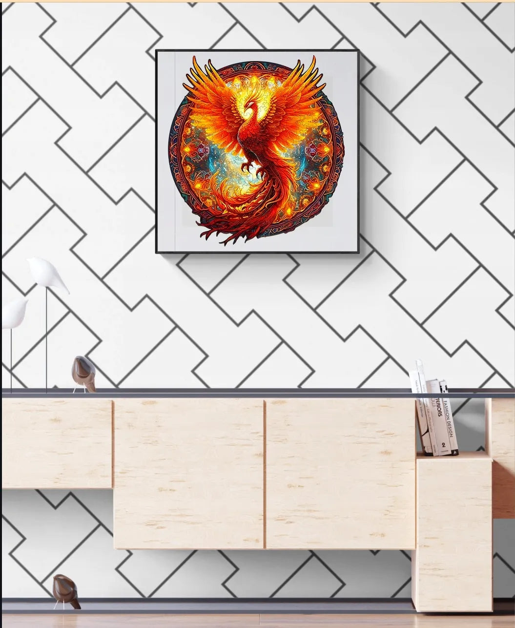 DIDELĖS MEDINĖS DĖLIONĖS FENIX MANDALA, 300 DETALIŲ, MEDINĖJE DĖŽUTĖJE