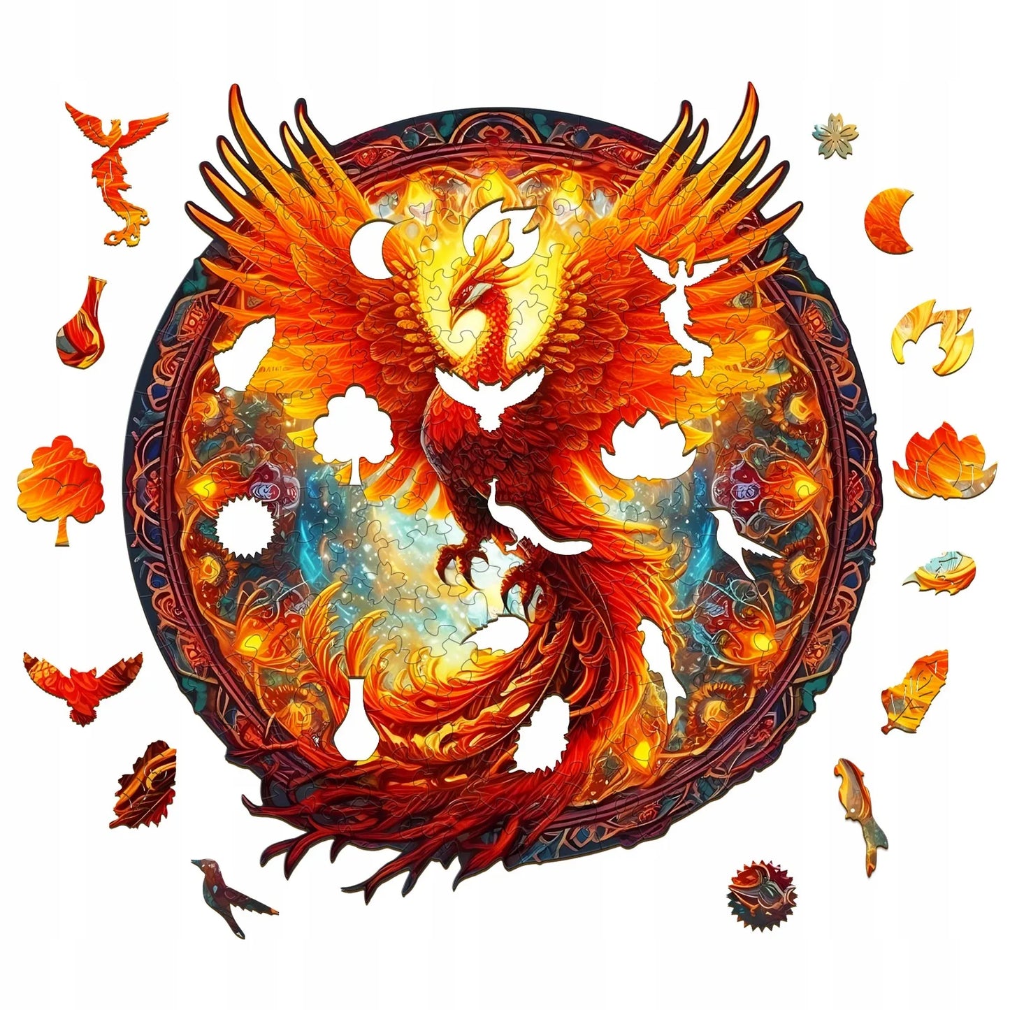 DIDELĖS MEDINĖS DĖLIONĖS FENIX MANDALA, 300 DETALIŲ, MEDINĖJE DĖŽUTĖJE