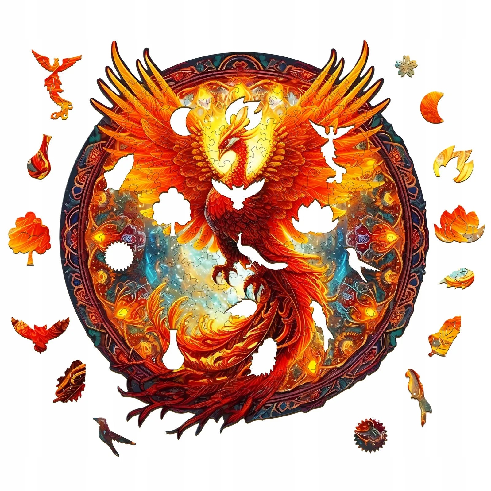 DIDELĖS MEDINĖS DĖLIONĖS FENIX MANDALA, 300 DETALIŲ, MEDINĖJE DĖŽUTĖJE