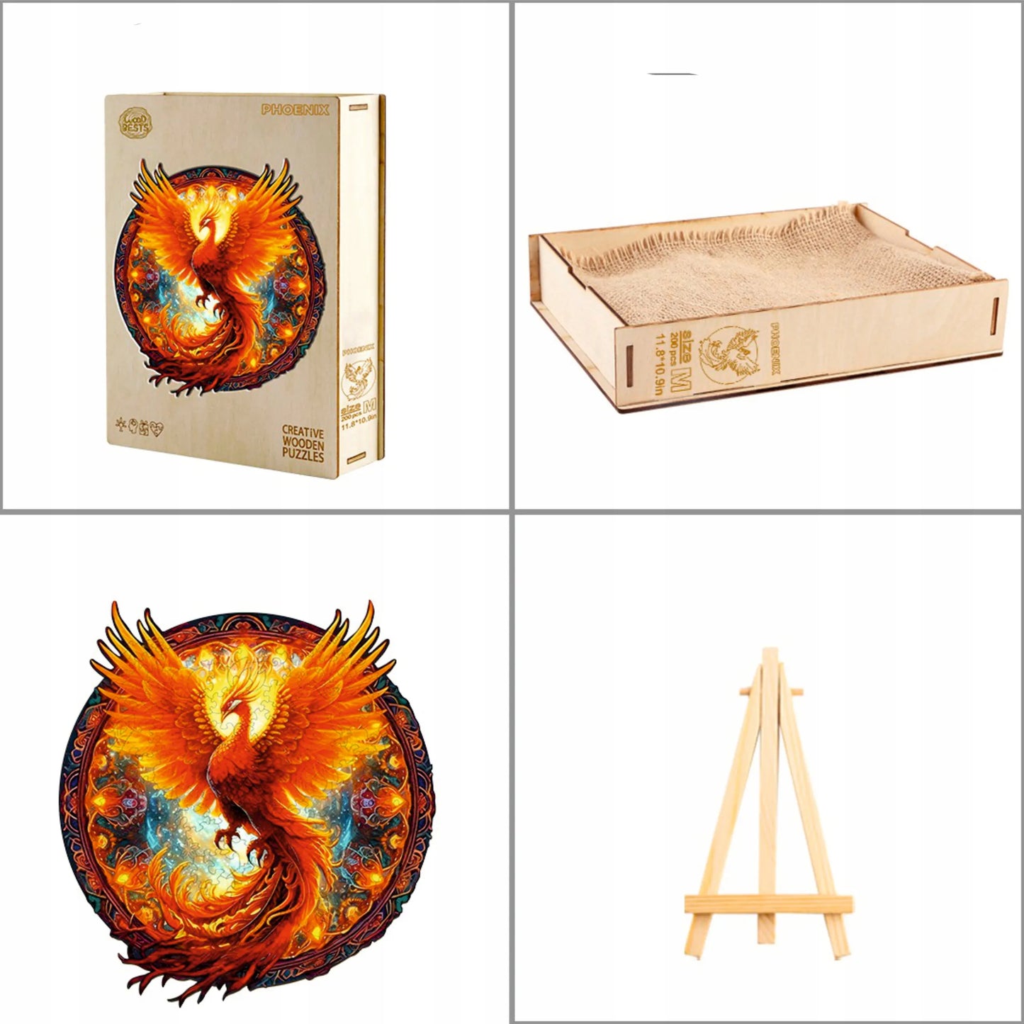 DIDELĖS MEDINĖS DĖLIONĖS FENIX MANDALA, 300 DETALIŲ, MEDINĖJE DĖŽUTĖJE