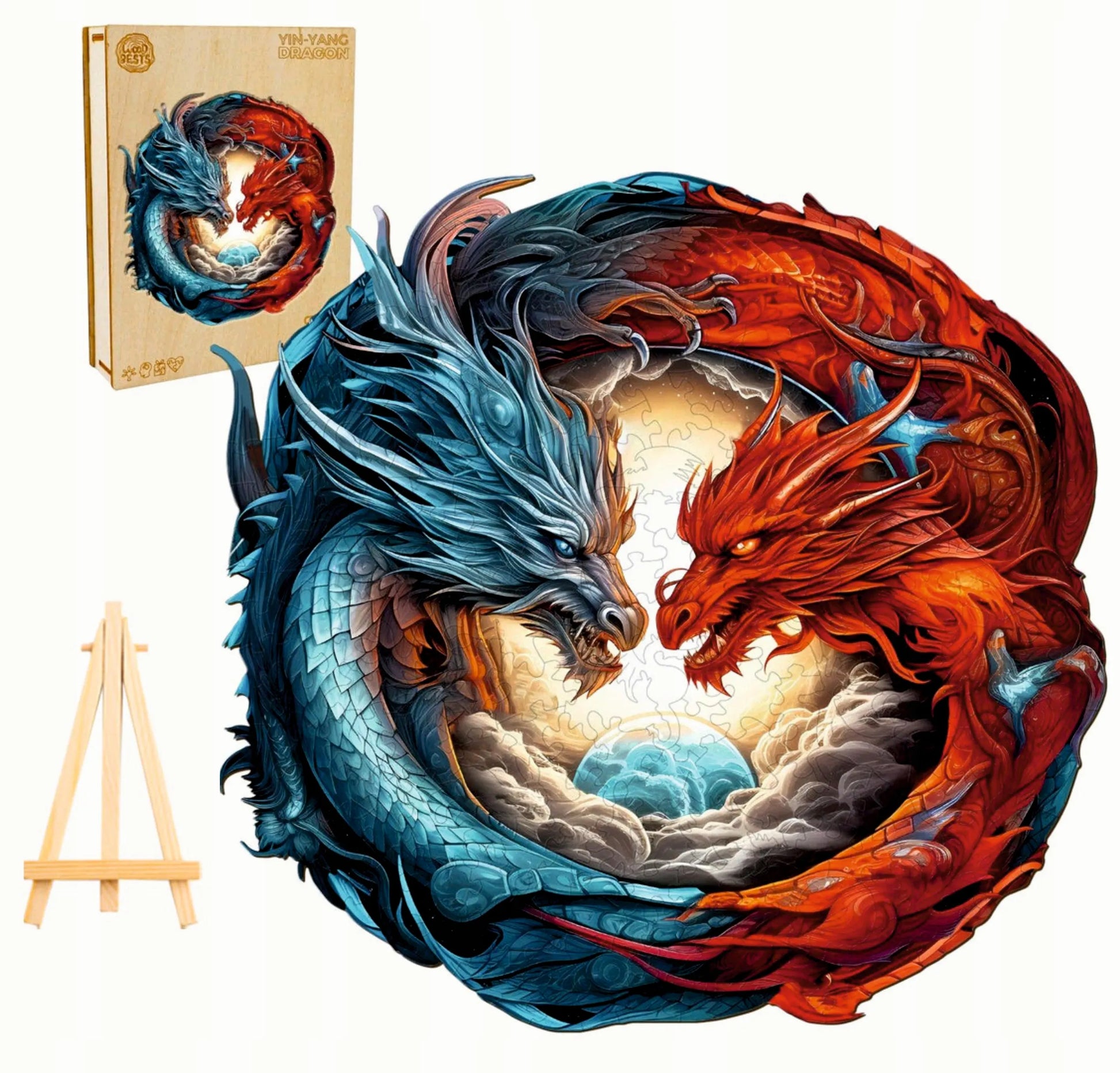 DIDELĖS MEDINĖS DĖLIONĖS SMOK YING YANG, 300 DETALIŲ, MEDINĖJE DĖŽUTĖJE