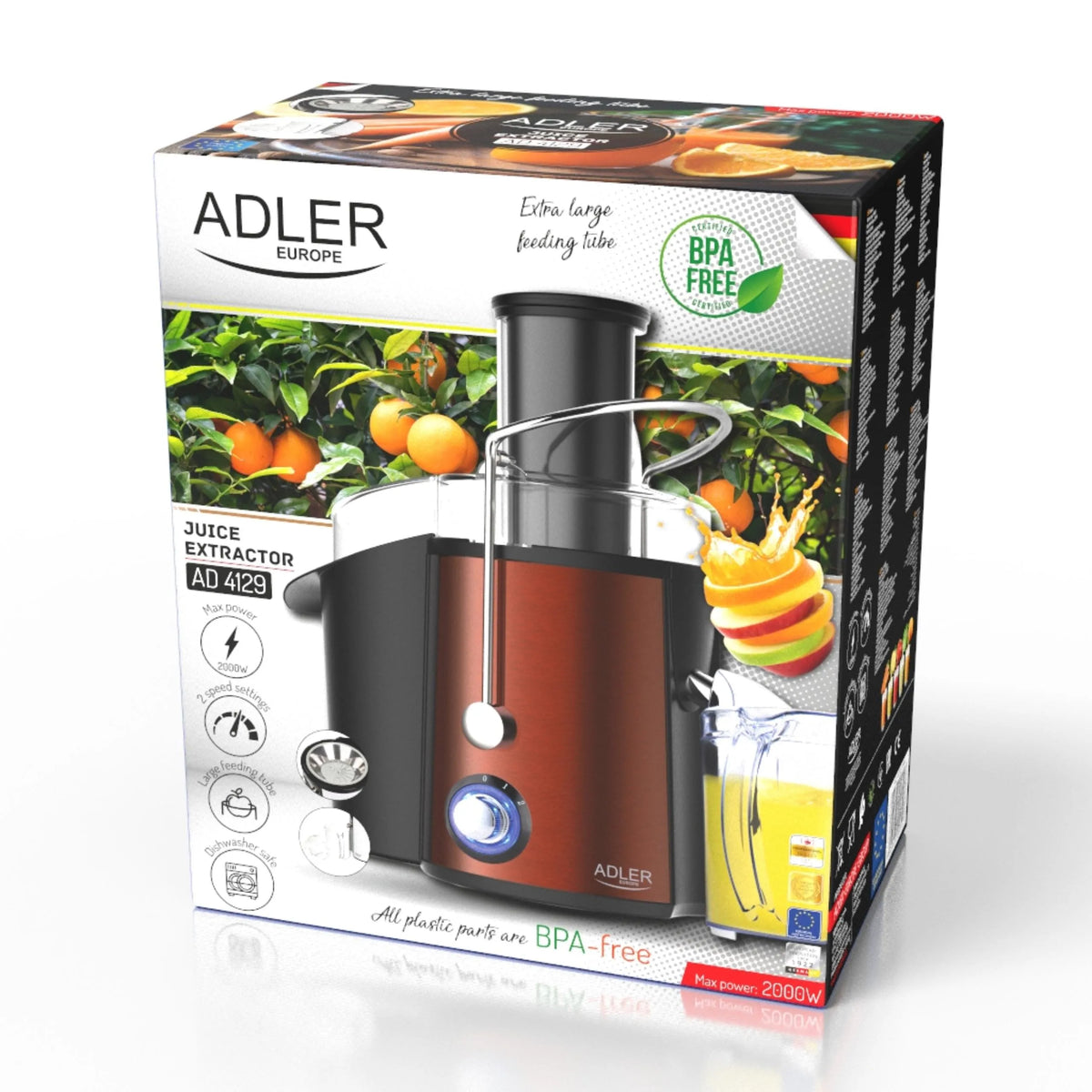 Didelės spartos sulčiaspaudė Adler Europe 4129, 2000 W, vaisiams ir daržovėms, plati anga