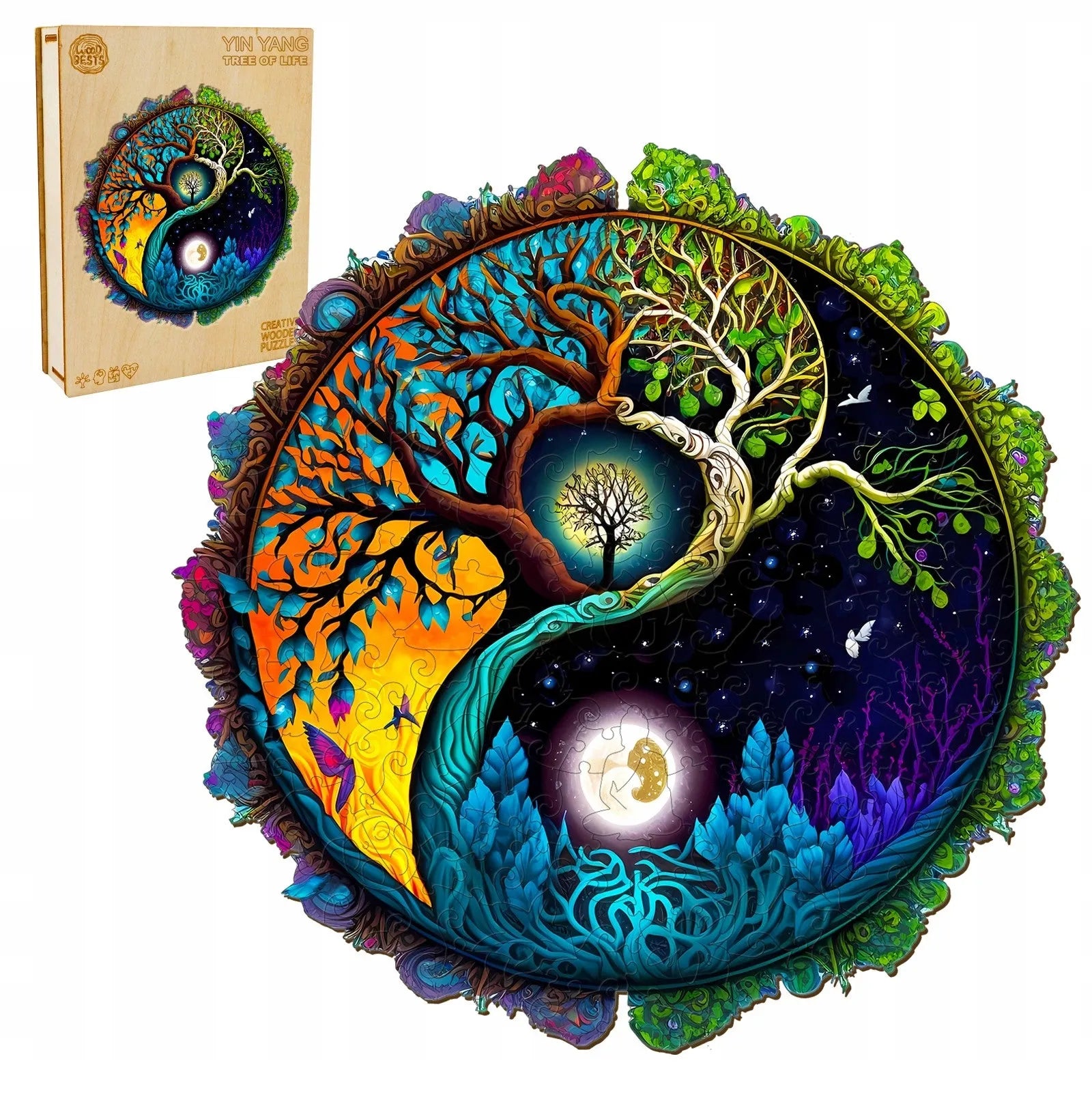 Dideli mediniai dėlionės elementai Ying Yang 300 vnt. medinėje dėžutėje