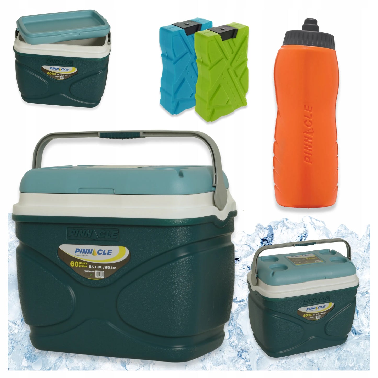 Didelis Pinnacle 20L turistinis šaltkrepšis, žalias + 2 vnt. 330 ml šaldymo elementai + gertuvė