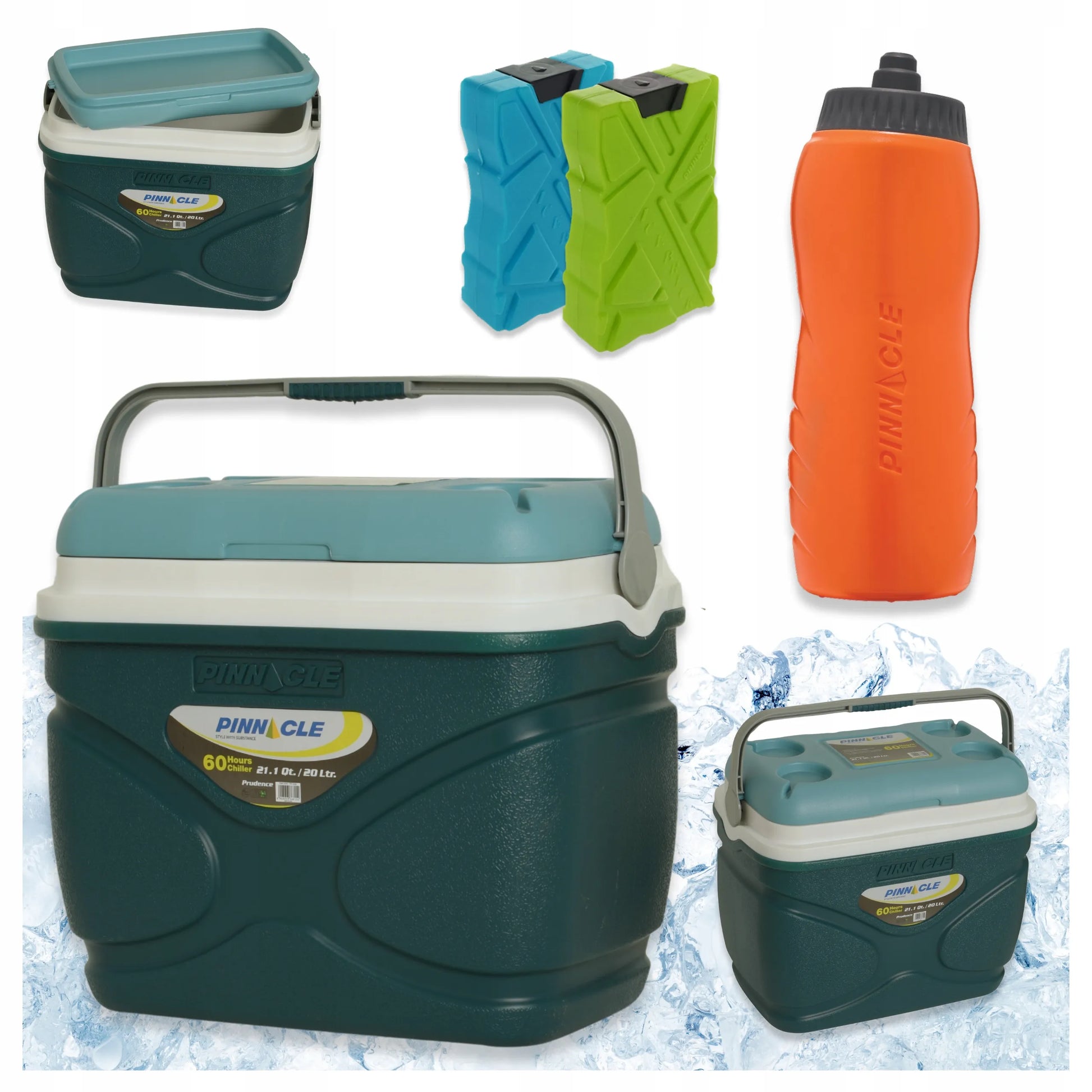 Didelis Pinnacle 20L turistinis šaltkrepšis, žalias + 2 vnt. 330 ml šaldymo elementai + gertuvė