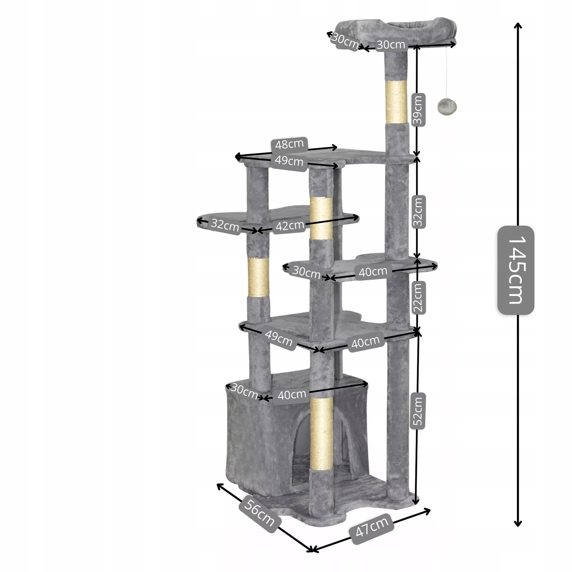 Didelis XXL draskyklė katėms „Domi“ 145 cm, 7 lygiai, pilka, bokštas, guolis, namelis