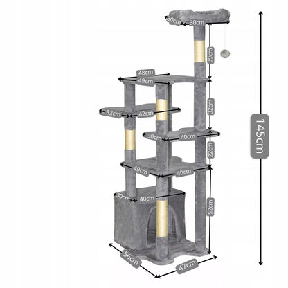 Didelis XXL draskyklė katėms „Domi“ 145 cm, 7 lygiai, pilka, bokštas, guolis, namelis