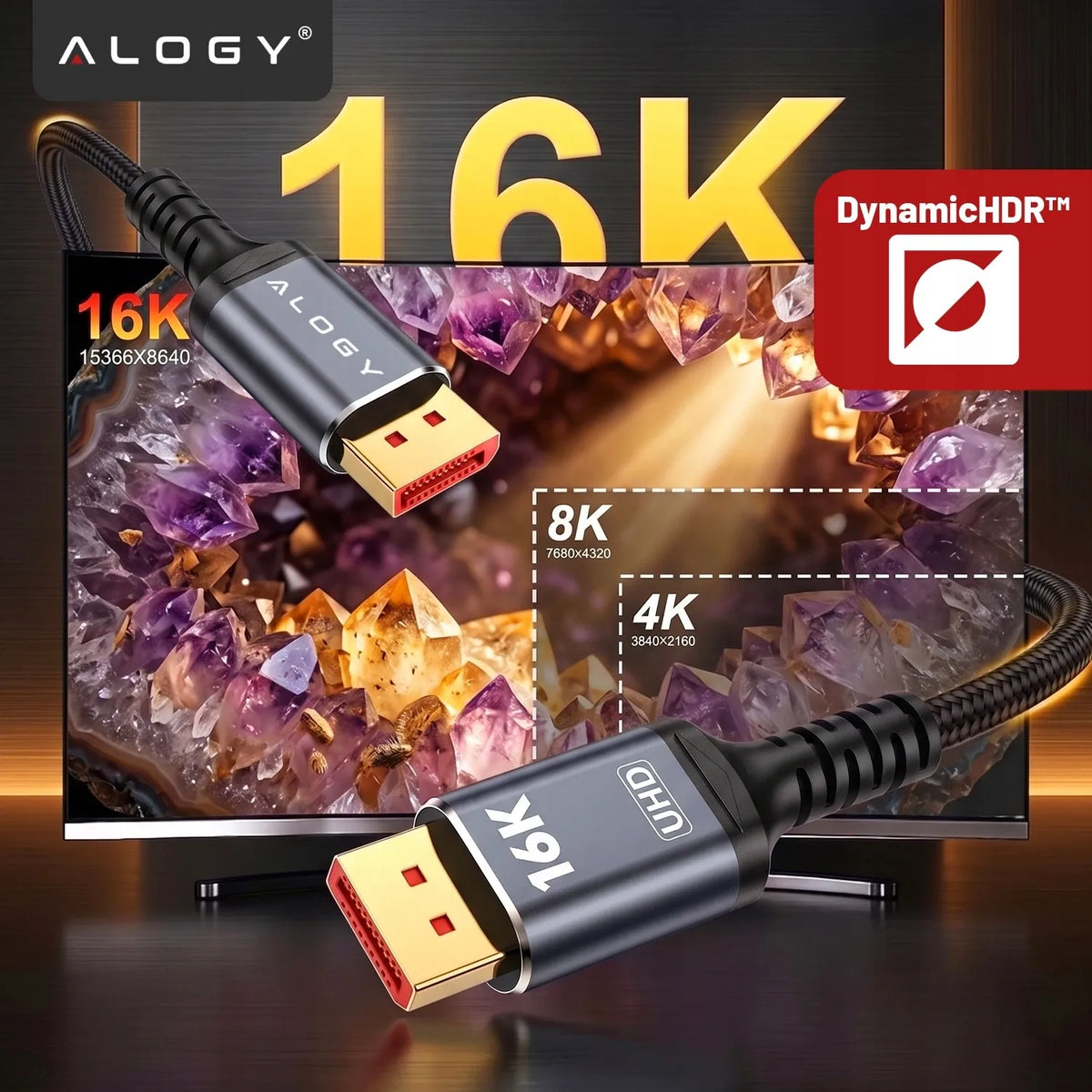 DisplayPort 2.1 kabelis 1 m monitoriui, DP 4K/240 Hz, DSC, G-SYNC, FreeSync