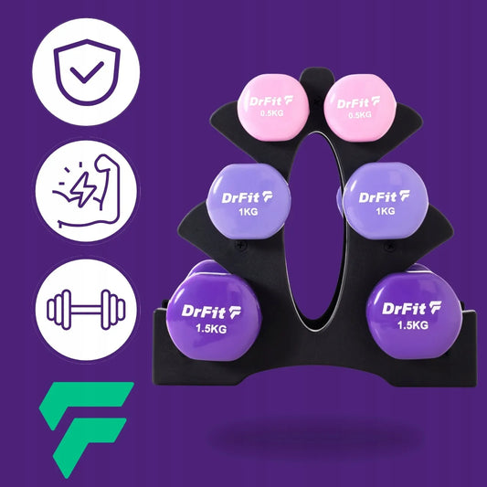 DrFit 6 hantelių rinkinys su stovu fitnesui ir kardio treniruotėms 6 kg (2x 0,5 kg, 2x 1 kg, 2x 1,5 kg)