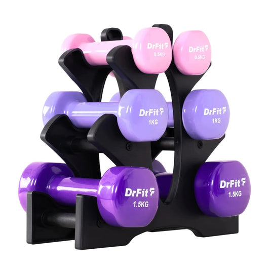 DrFit 6 hantelių rinkinys su stovu fitnesui ir kardio treniruotėms 6 kg (2x 0,5 kg, 2x 1 kg, 2x 1,5 kg)