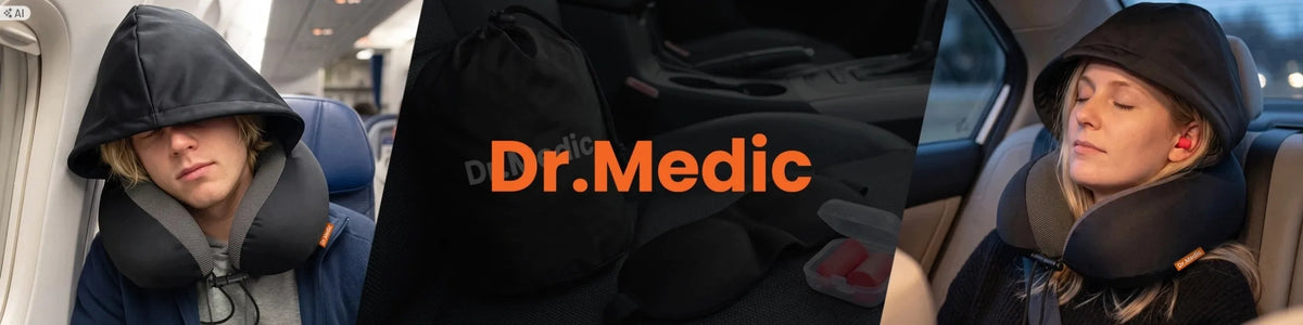 Dr.Medic TravelHood™ kelioninė kaklo pagalvė su gobtuvu, atminties putomis, akių kauke ir ausų kištukais