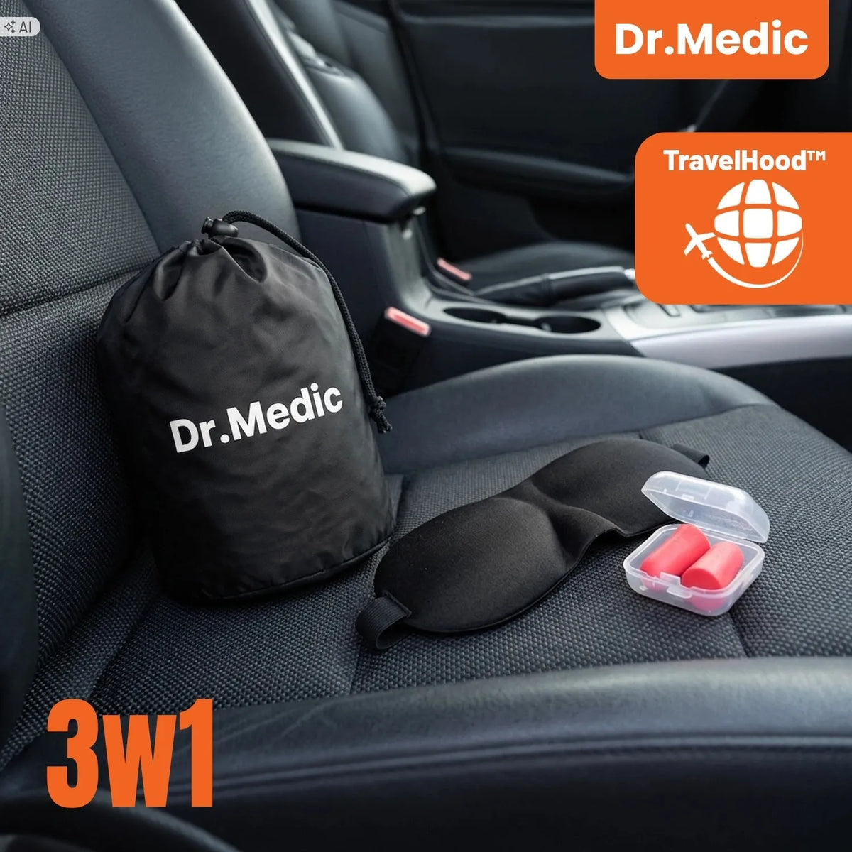 Dr.Medic TravelHood™ kelioninė kaklo pagalvė su gobtuvu, atminties putomis, akių kauke ir ausų kištukais