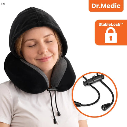 Dr.Medic TravelHood™ kelioninė kaklo pagalvė su gobtuvu, atminties putomis, akių kauke ir ausų kištukais