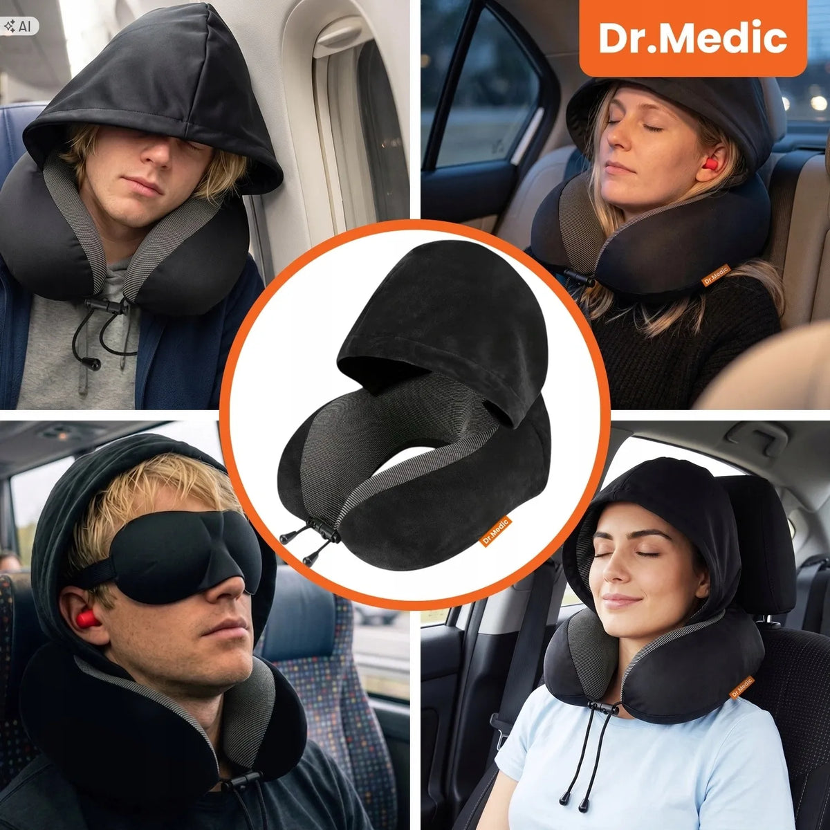 Dr.Medic TravelHood™ kelioninė kaklo pagalvė su gobtuvu, atminties putomis, akių kauke ir ausų kištukais