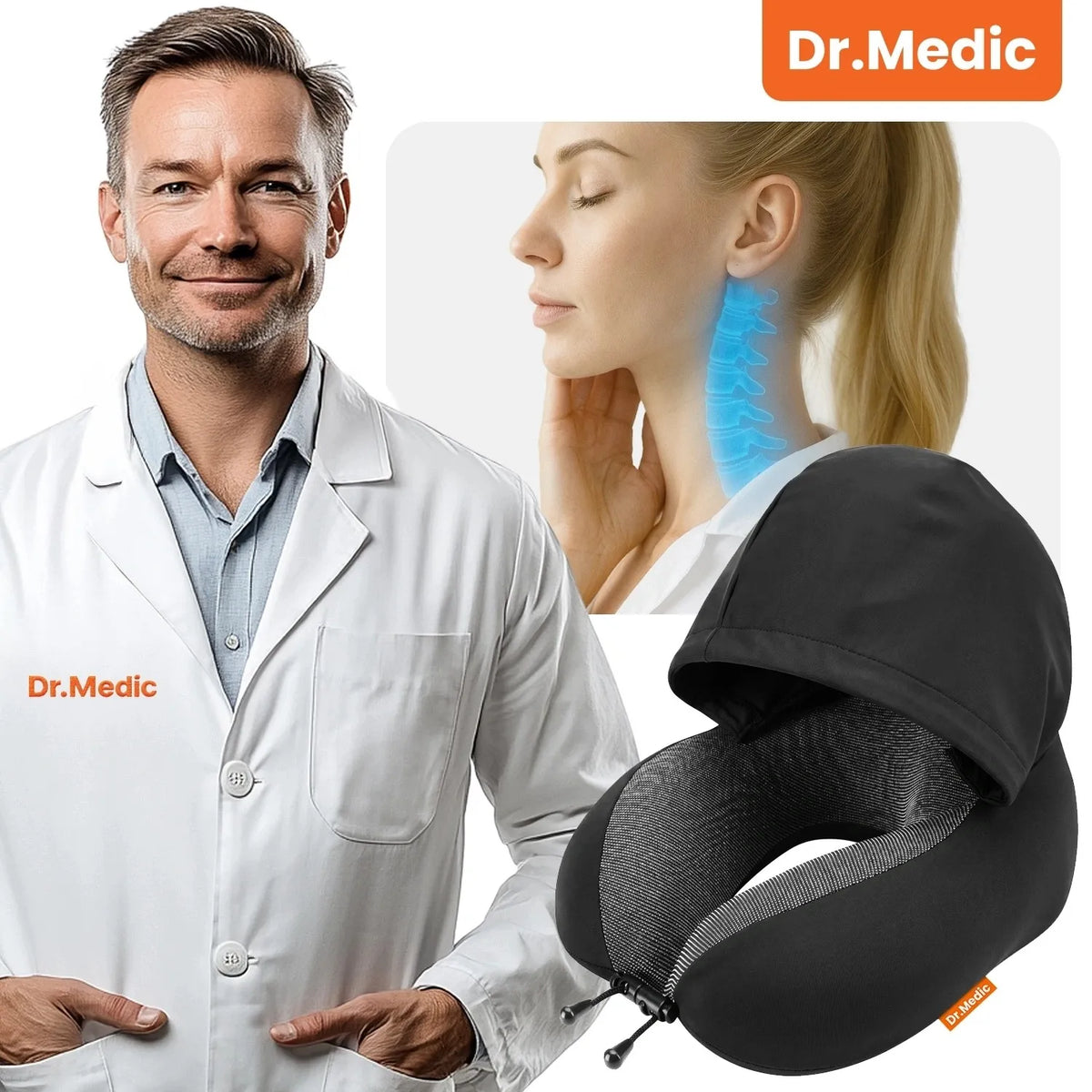 Dr.Medic TravelHood™ kelioninė kaklo pagalvė su gobtuvu, atminties putomis, akių kauke ir ausų kištukais