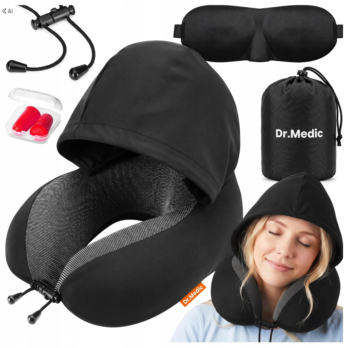 Dr.Medic TravelHood™ kelioninė kaklo pagalvė su gobtuvu, atminties putomis, akių kauke ir ausų kištukais