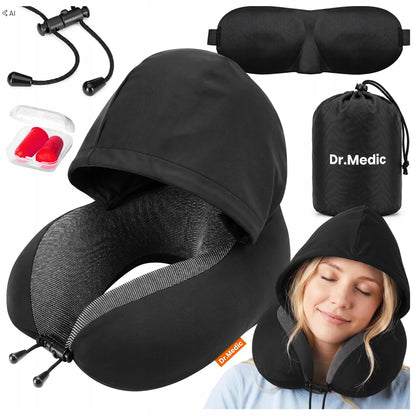 Dr.Medic TravelHood™ kelioninė kaklo pagalvė su gobtuvu, atminties putomis, akių kauke ir ausų kištukais