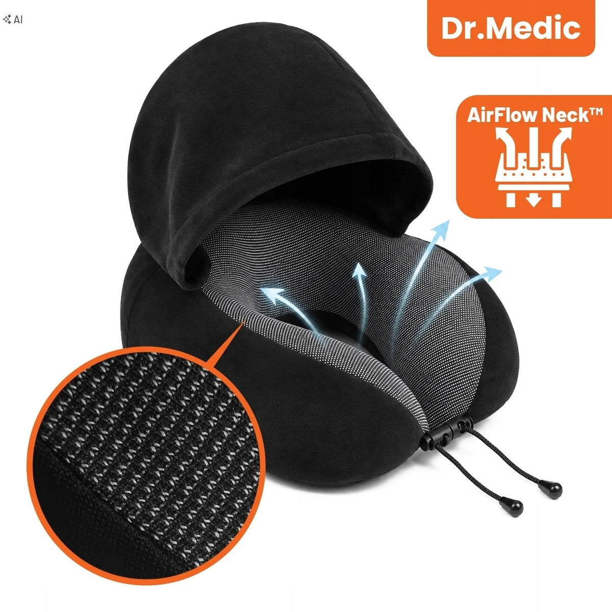 Dr.Medic TravelHood™ kelioninė kaklo pagalvė su gobtuvu, atminties putomis, akių kauke ir ausų kištukais
