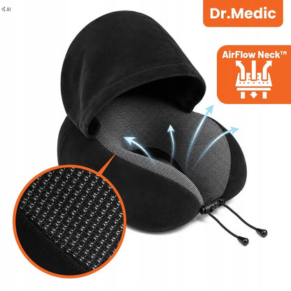 Dr.Medic TravelHood™ kelioninė kaklo pagalvė su gobtuvu, atminties putomis, akių kauke ir ausų kištukais