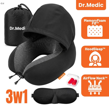Dr.Medic TravelHood™ kelioninė kaklo pagalvė su gobtuvu, atminties putomis, akių kauke ir ausų kištukais