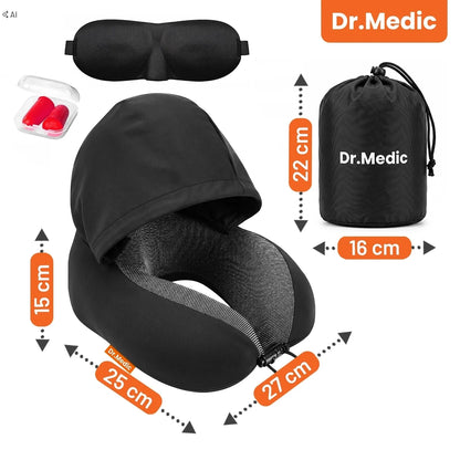Dr.Medic TravelHood™ kelioninė kaklo pagalvė su gobtuvu, atminties putomis, akių kauke ir ausų kištukais