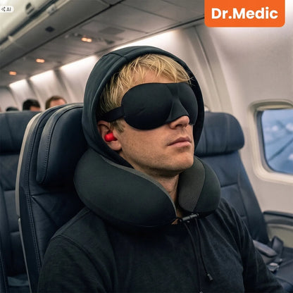 Dr.Medic TravelHood™ kelioninė kaklo pagalvė su gobtuvu, atminties putomis, akių kauke ir ausų kištukais