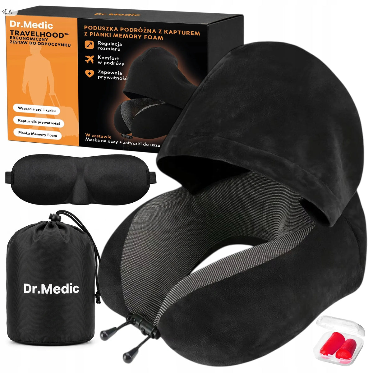 Dr.Medic TravelHood™ kelioninė kaklo pagalvė su gobtuvu, atminties putomis, akių kauke ir ausų kištukais