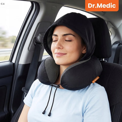 Dr.Medic TravelHood™ kelioninė kaklo pagalvė su gobtuvu, atminties putomis, akių kauke ir ausų kištukais