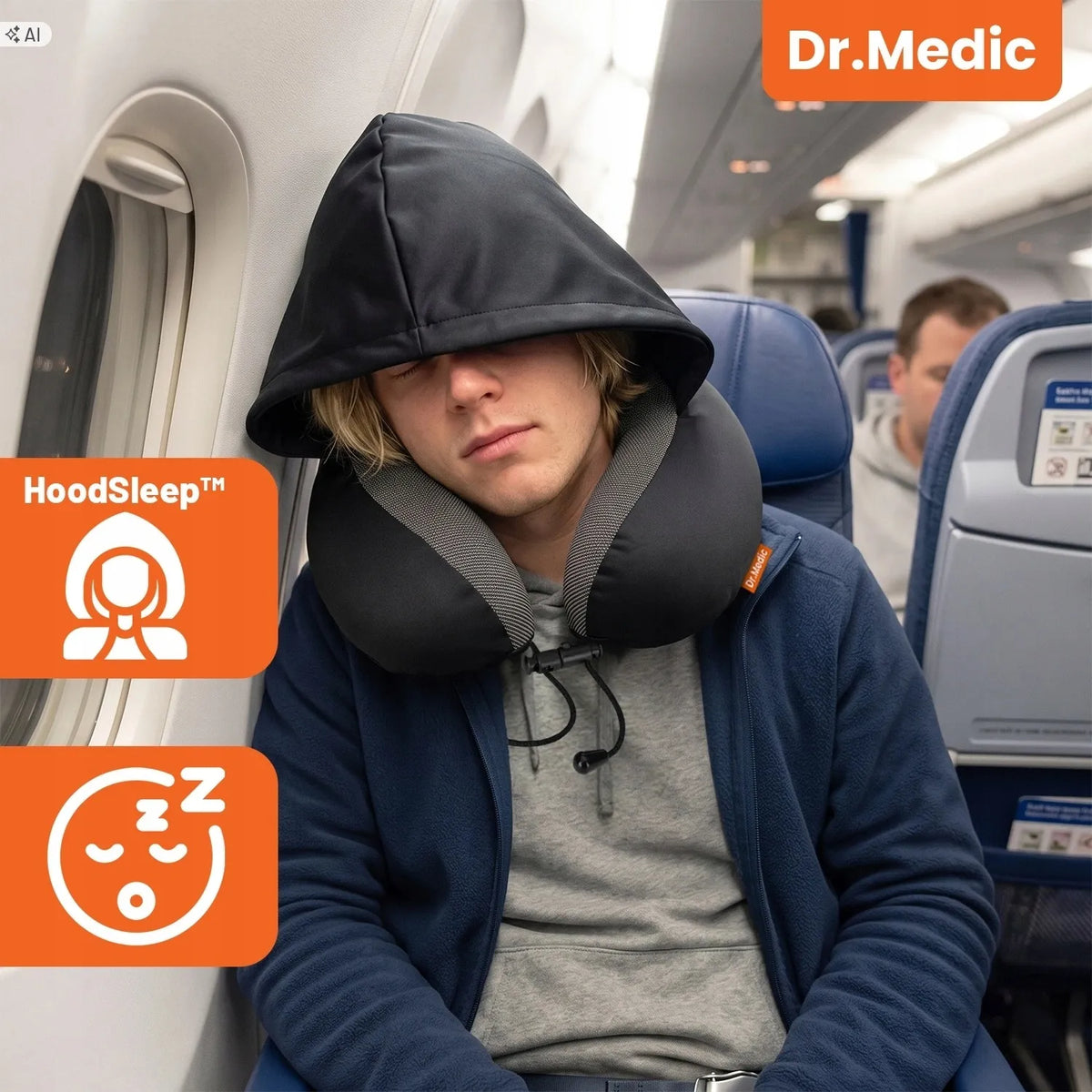 Dr.Medic TravelHood™ kelioninė kaklo pagalvė su gobtuvu, atminties putomis, akių kauke ir ausų kištukais