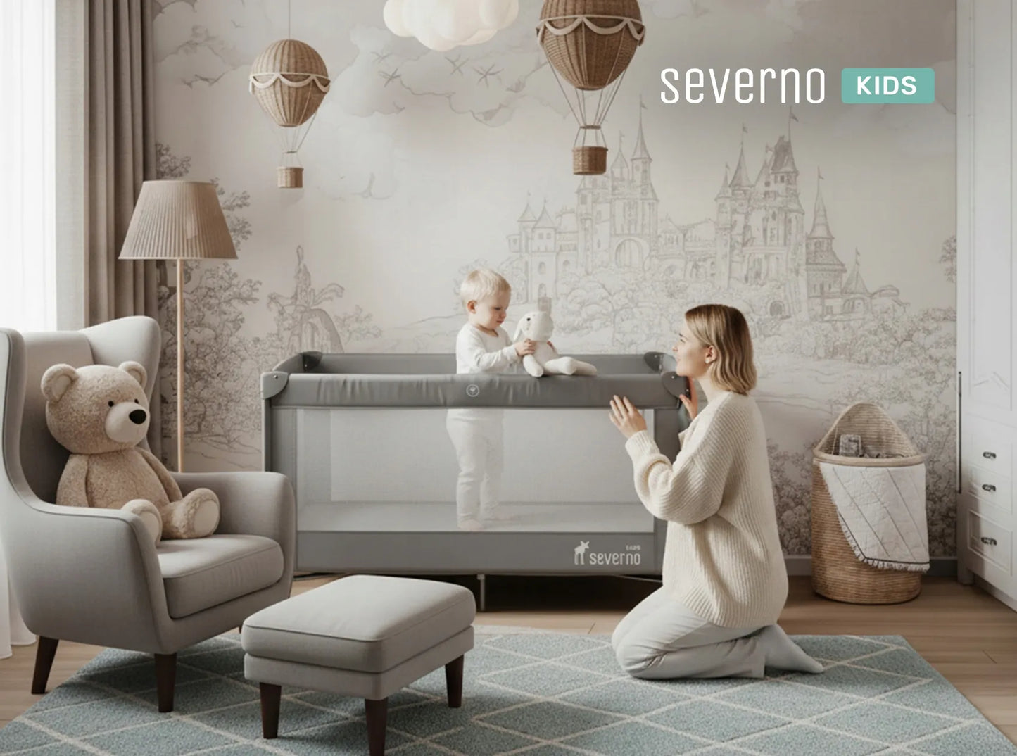 Dviejų lygių kelioninė lovytė SEVERNO Kids Close to Mommy, pristumiama + tinklelis nuo uodų