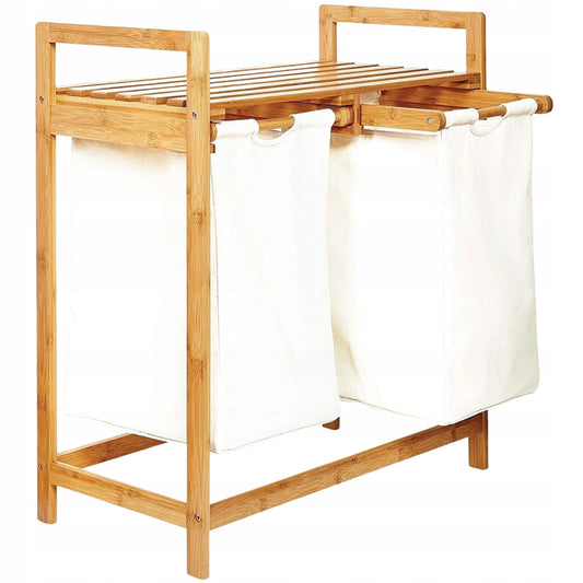 Dvigubas bambukinis skalbinių krepšys AD.CON, 60 l, 73 × 64 × 33 cm, 2 skyrių, baltas, su lentynėle