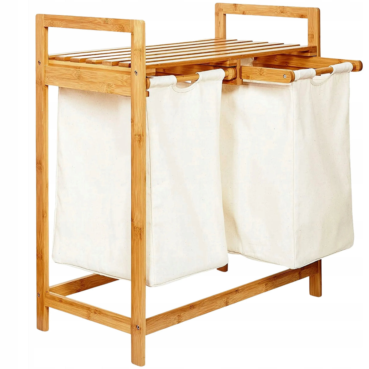 Dvigubas bambukinis skalbinių krepšys AD.CON, 60 l, 73 × 64 × 33 cm, 2 skyrių, smėlio spalvos, su lentynėle