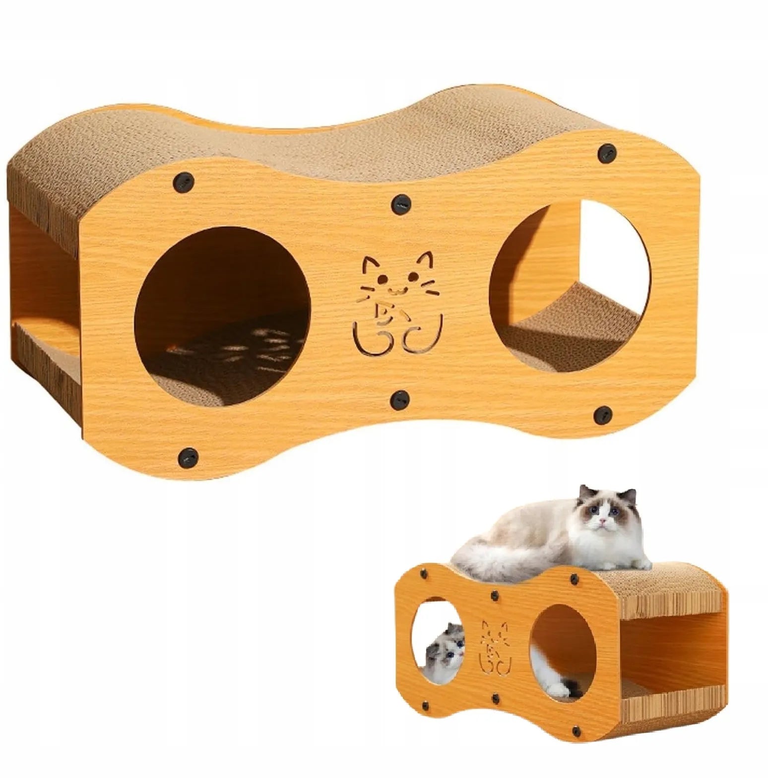 Dvipakopė kačių draskyklė-namelis 2w1: guolis ir žaidimų erdvė (F105)