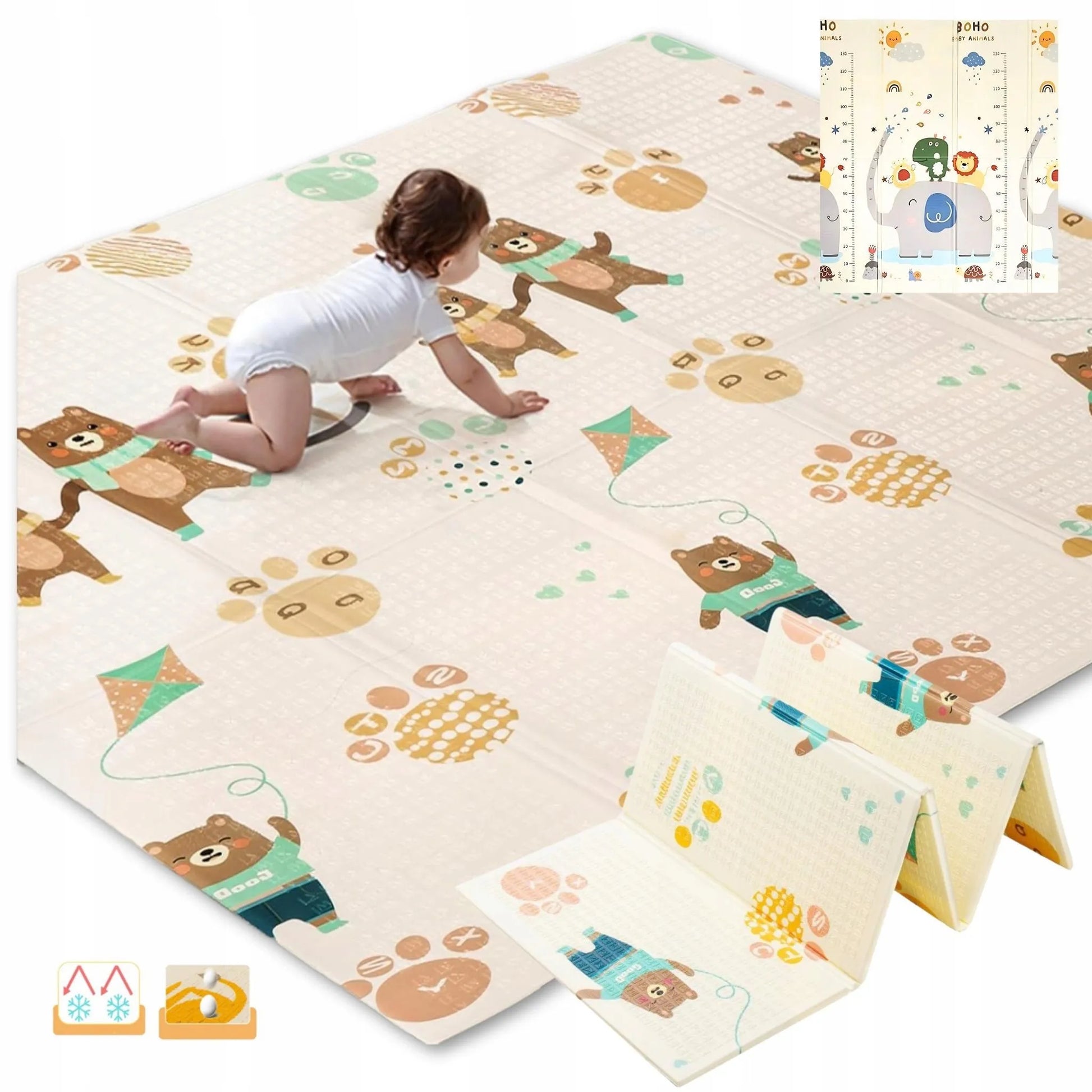 Dvipusis sulankstomas putplasčio kilimėlis vaikams 180x120 cm Meškiukai ir Drambliukas