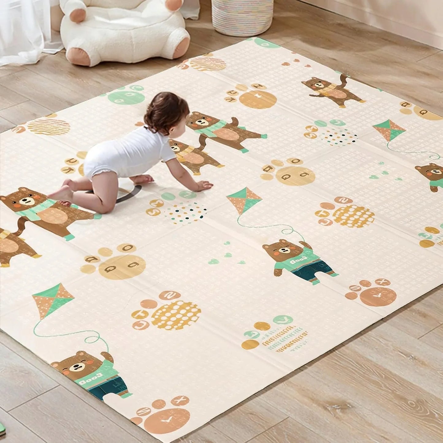 Dvipusis sulankstomas putplasčio kilimėlis vaikams 180x120 cm Meškiukai ir Drambliukas