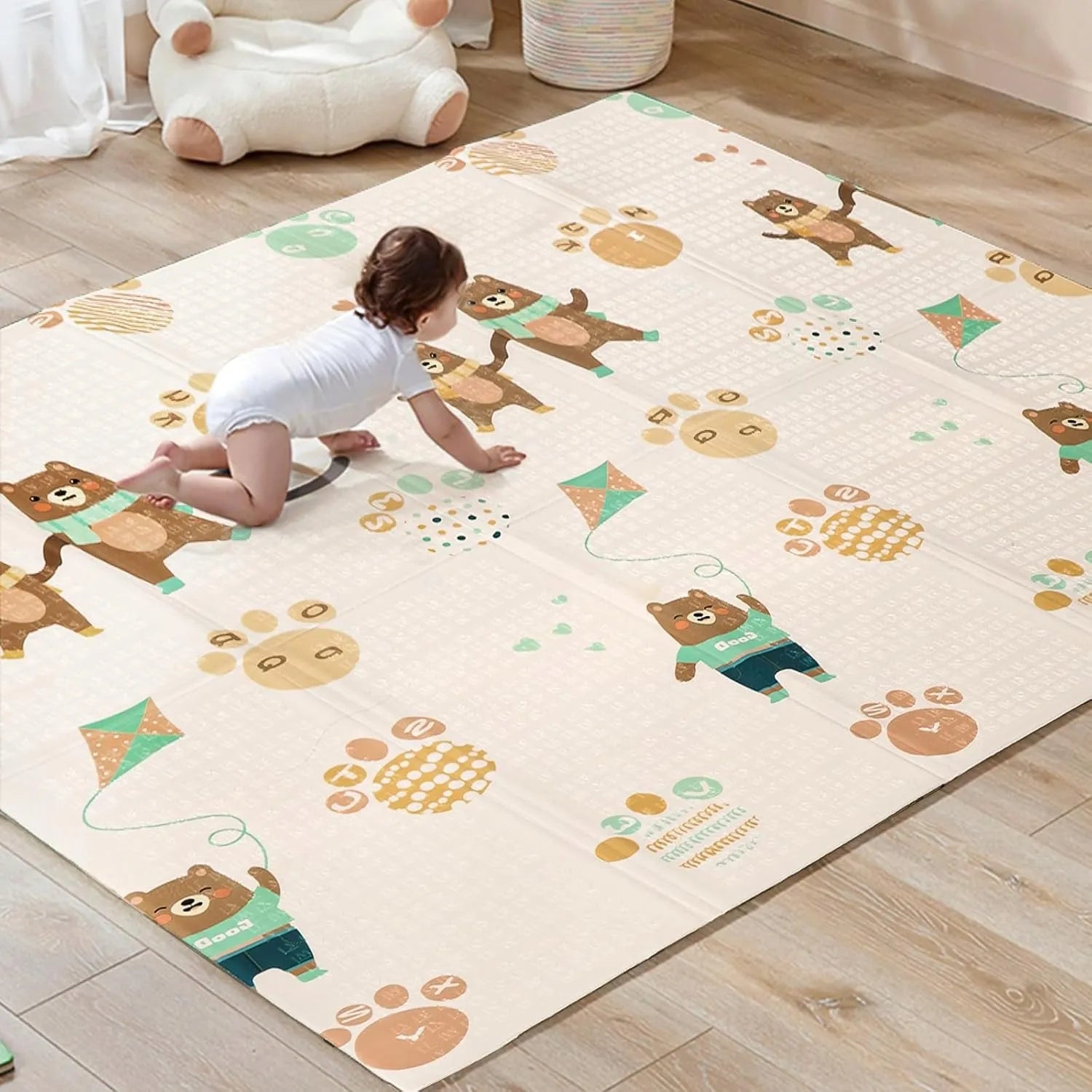 Dvipusis sulankstomas putplasčio kilimėlis vaikams 180x120 cm Meškiukai ir Drambliukas