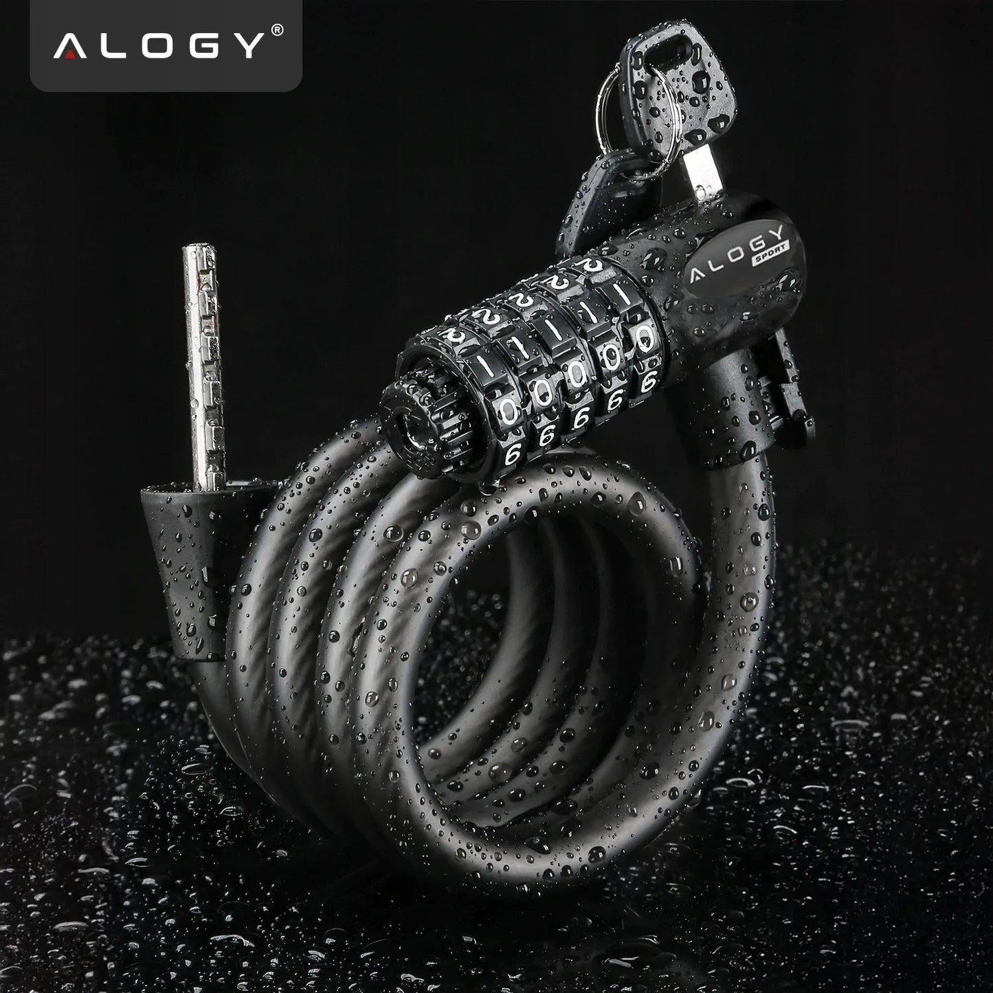 Dviračio užraktas Alogy, 120 cm, 10 mm, 2-in-1, su kodu ir raktu bei laikikliu
